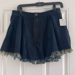 Free People Dark Blue Denim Mini Skirt with Frayed Hem
